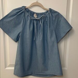 J. Crew Re-imagined peasant Light Blue Chambray Tie-Neck Top